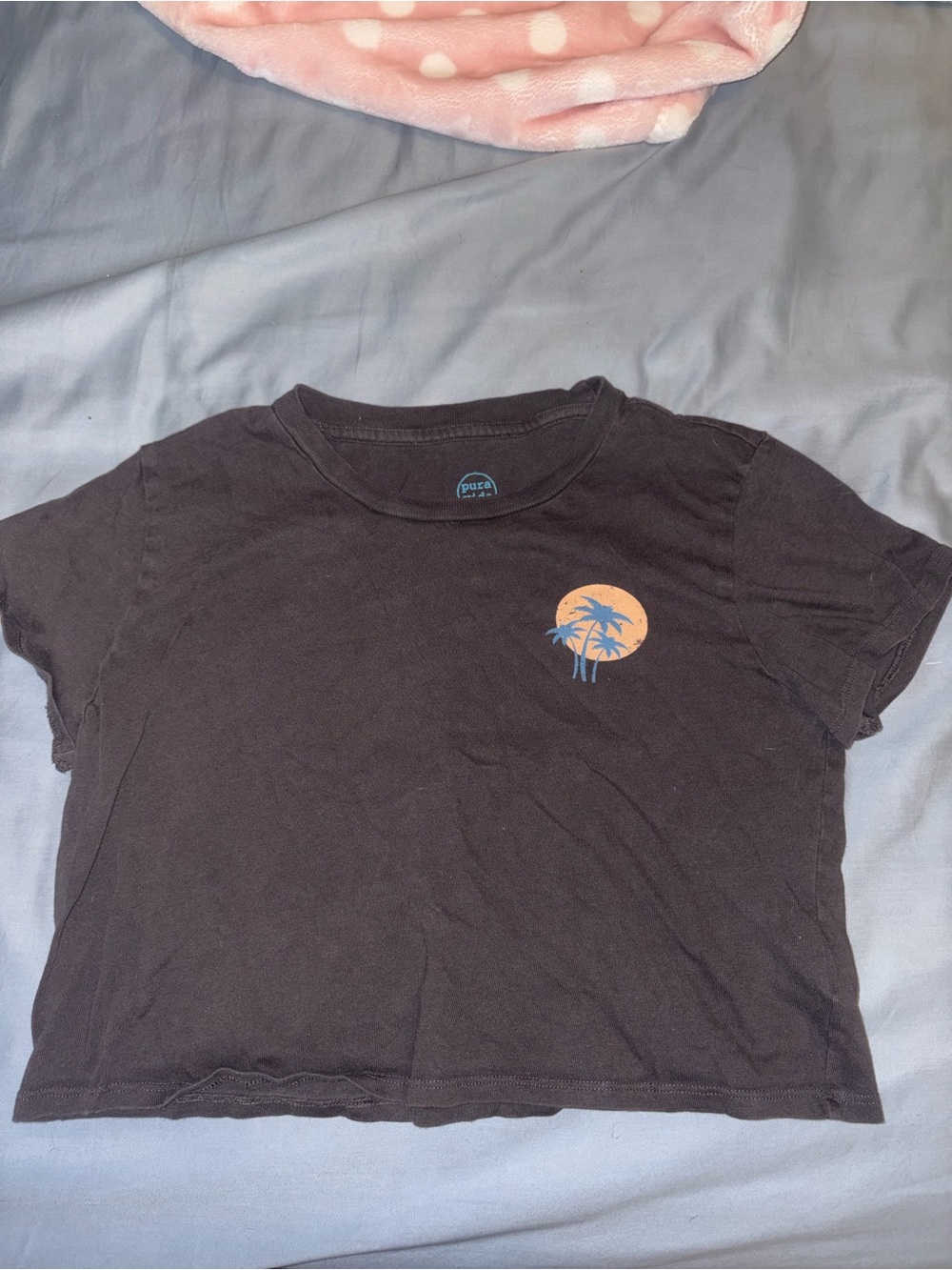 Pura Vida Black Crop Tee with Orange Sunset & Blue Palm Graphic